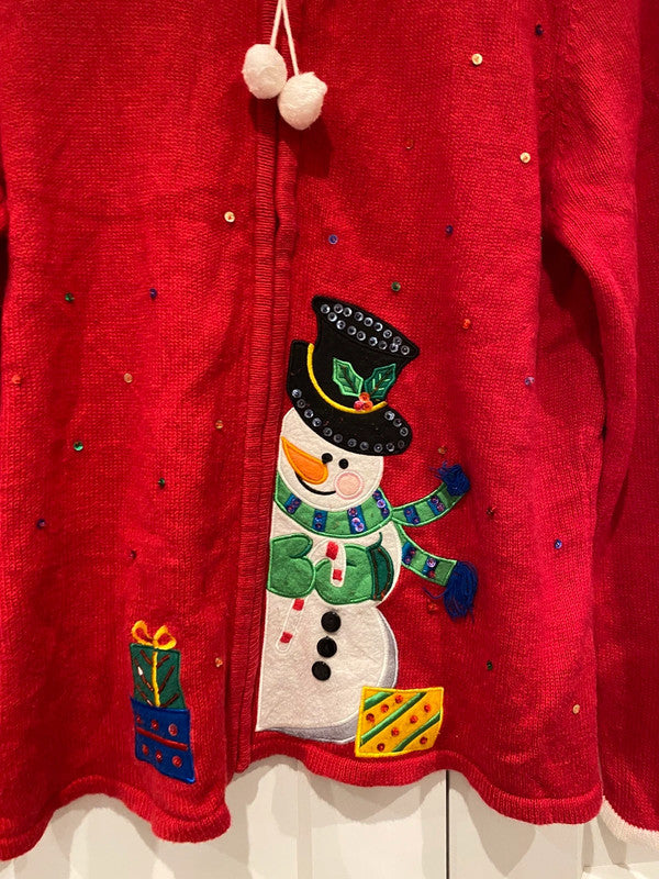 Tiara International Christmas Cardigan – Red Snowman Embroidered Sequin Sweater (Size L)