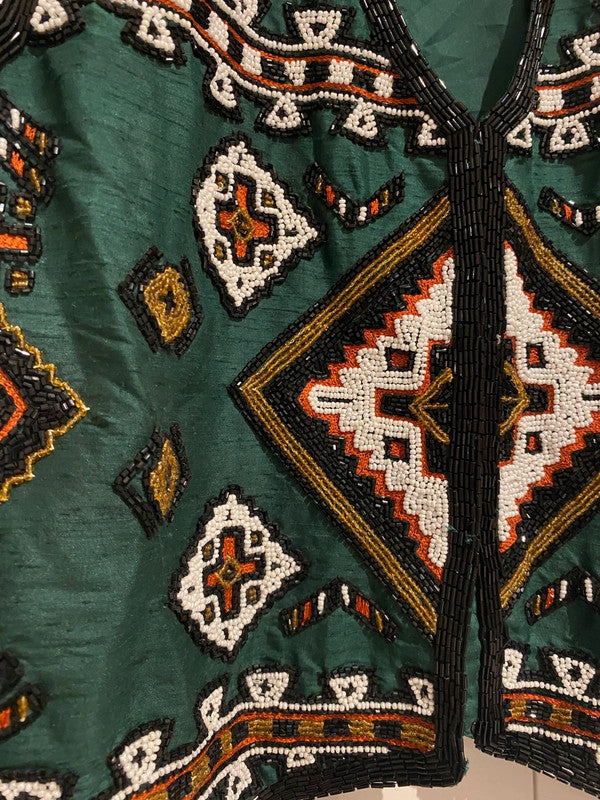 Vintage Silver Mesa Beaded Embellished Waistcoat Vest Green Size L