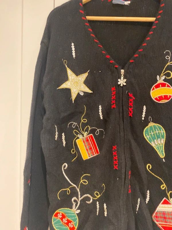 Vintage Christmas Cardigan Black Embroidered Holiday Jumper UK 16