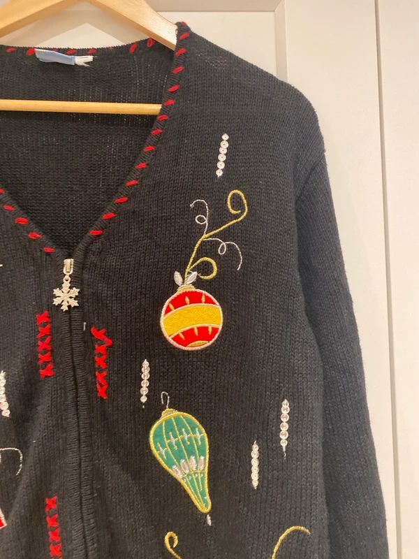 Vintage Christmas Cardigan Black Embroidered Holiday Jumper UK 16