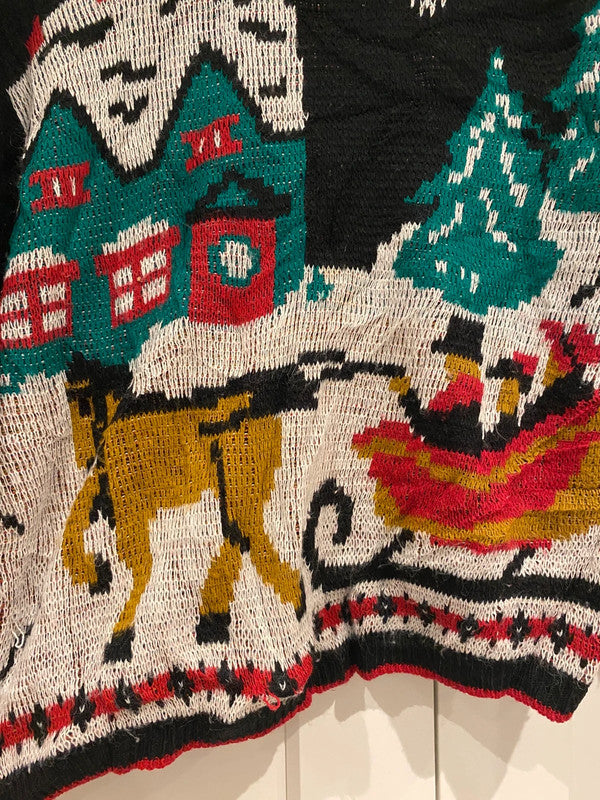 Vintage Christmas Jumper Reindeer & Sleigh Scene – Made in USA – Size L fits small