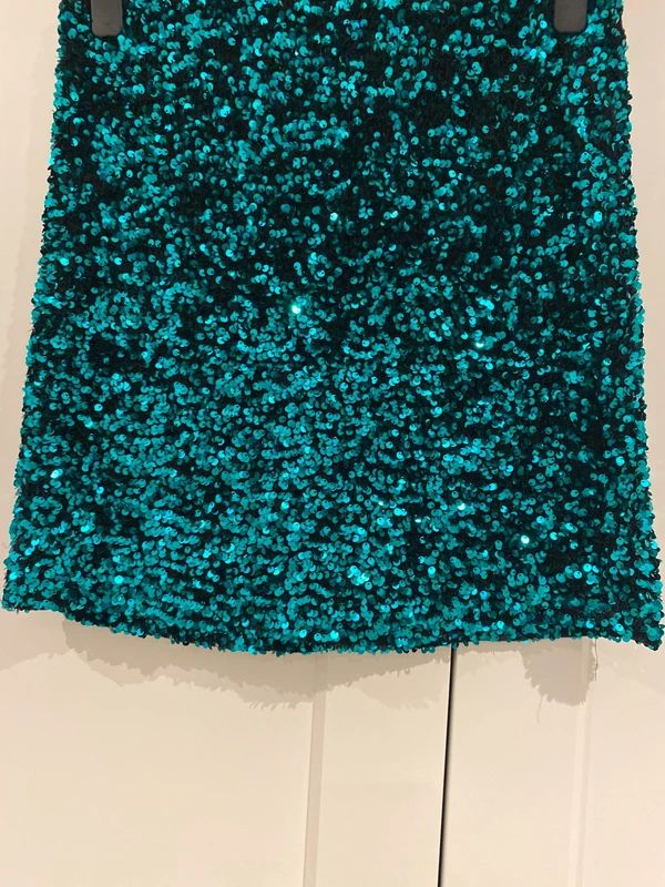 Sequin Mini Skirt XL Teal Green Sparkly Party Skirt Silver Bow Waist Glam