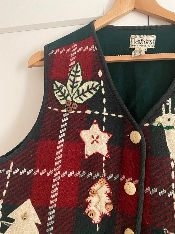 Vintage TanTrums Christmas Waistcoat XL Tartan Reindeer Trees Festive Gilet