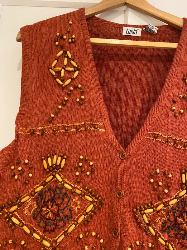 Vintage Lucia Boho Beaded Embroidered Vest Cardigan – Rust – Size L