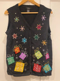 Christmas Embroidered Vest Cardigan Black Sequin Gift Snowflake Size M (UK 10-12)