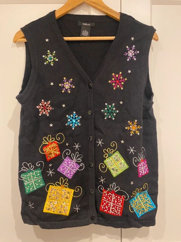 Christmas Embroidered Vest Cardigan Black Sequin Gift Snowflake Size M (UK 10-12)