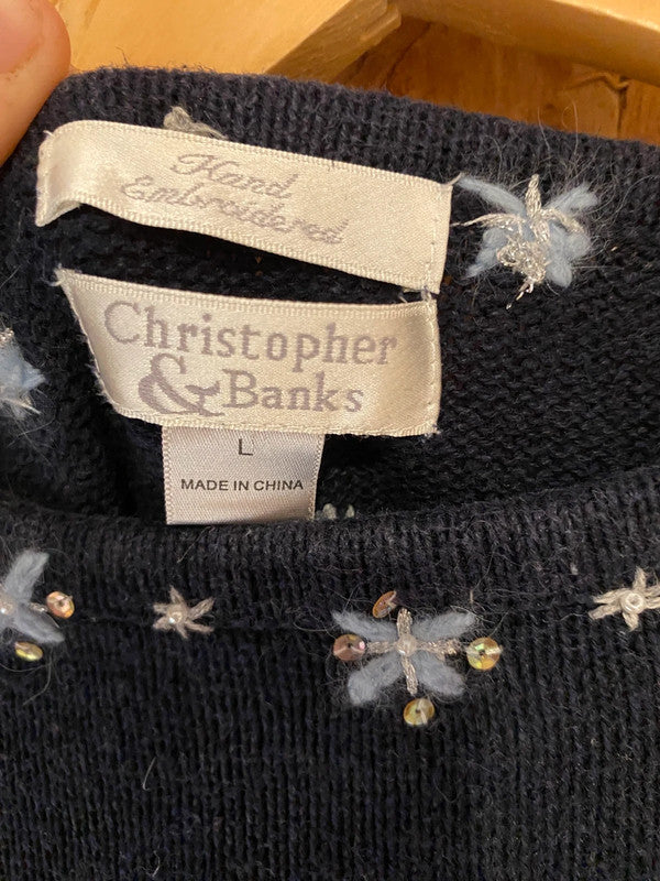 Christopher & Banks Hand Embroidered “JOY” Christmas Sweater – Size L