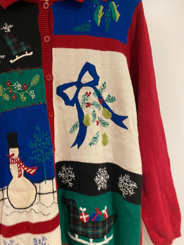 Vintage Alfred Dunner Christmas Cardigan Sweater L – Snowman, Sleigh & Skates Festive Knit