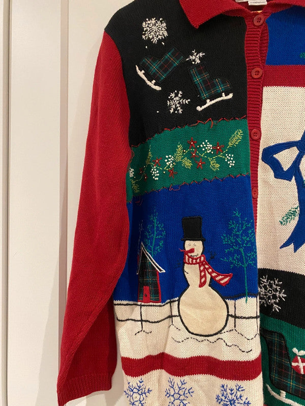 Vintage Alfred Dunner Christmas Cardigan Sweater L – Snowman, Sleigh & Skates Festive Knit