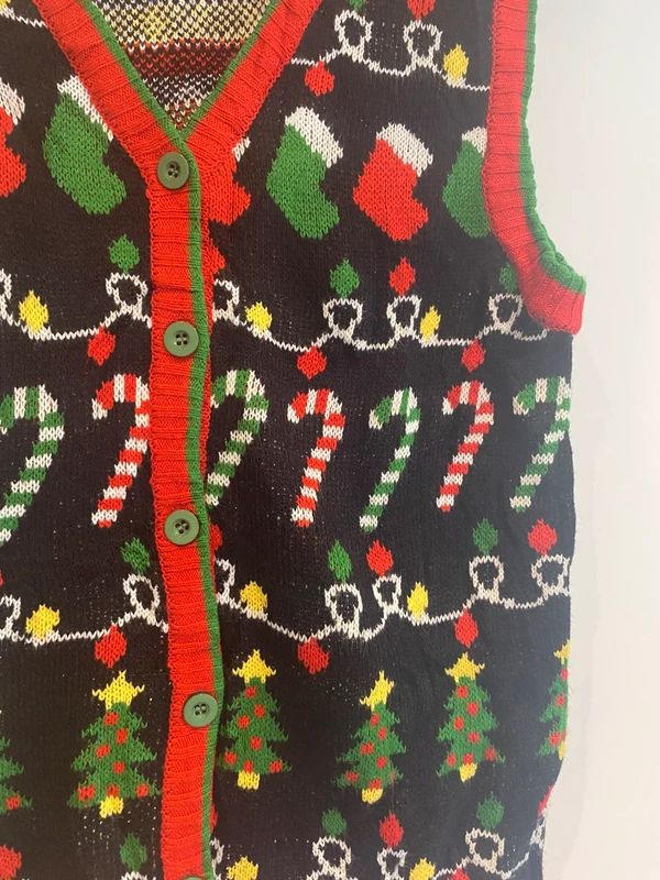 Vintage Christmas Knit Vest Tank Top Candy Cane Tree Stocking Large L