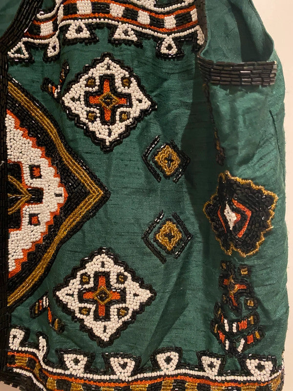 Vintage Silver Mesa Beaded Embellished Waistcoat Vest Green Size L