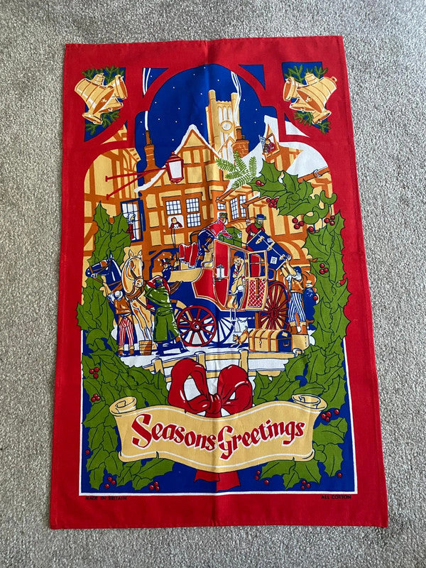Vintage Christmas Tea Towel – Seasons Greetings 100% Cotton
