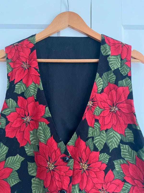 Handmade Reversible-Style Christmas Poinsettia Waistcoat UK 14-16