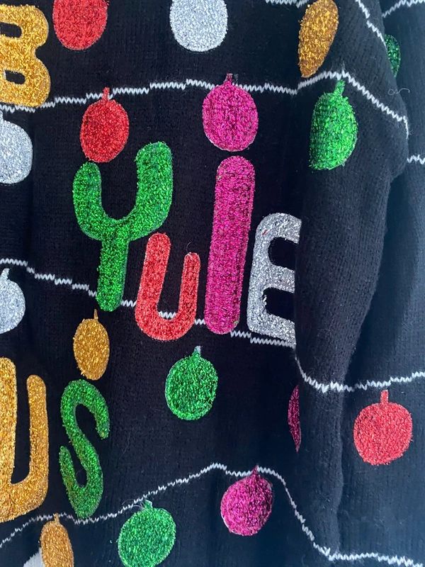 Funny Christmas Jumper “Fab Yuleous” Black Glitter Festive Sweater Size M