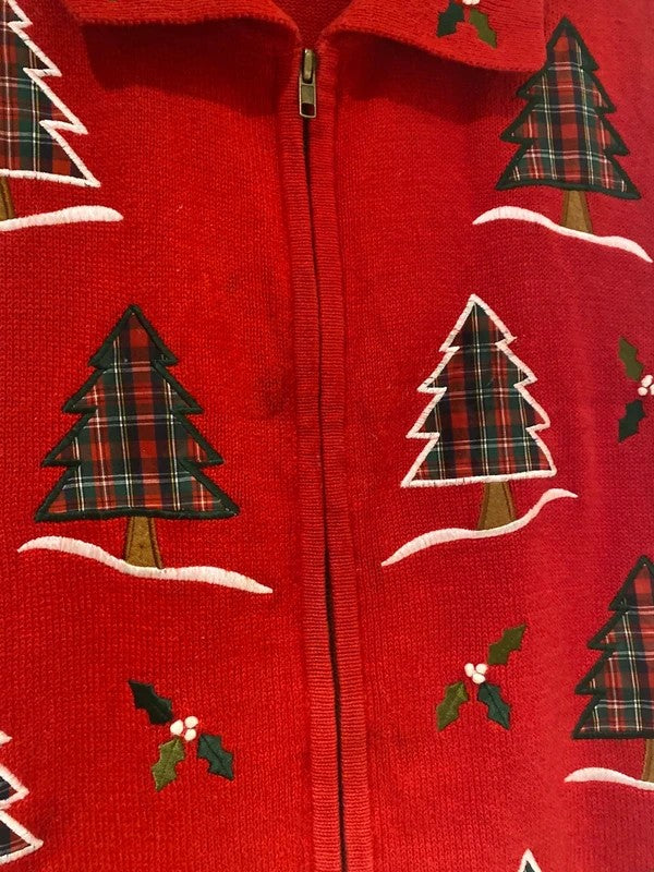 Vintage Southern Lady Red Christmas Tree Zip-Up Waistcoat – Size M