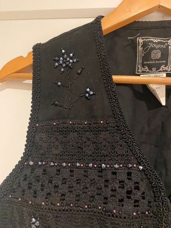 Vintage JouJou Black Beaded Crochet Waistcoat Boho Festival Vest UK 8