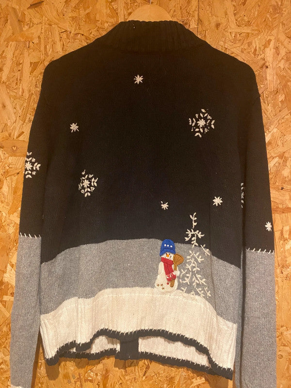 Dressbarn Christmas Cardigan – XL Black Grey White Snowman Knit Zip Up