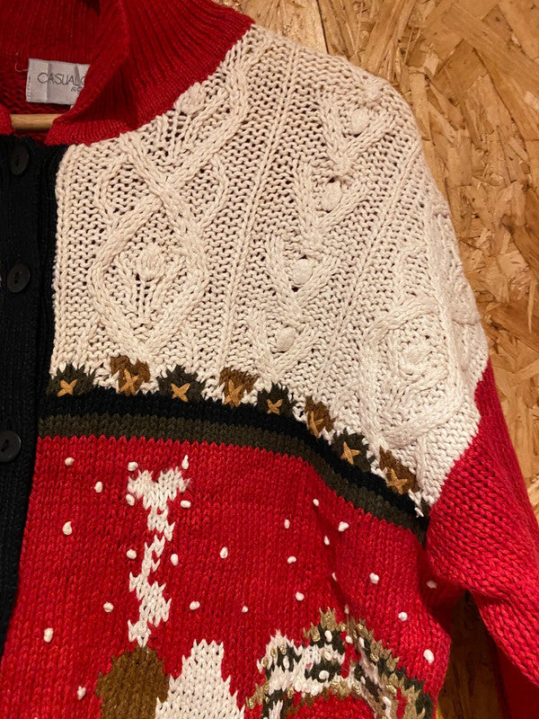 Vintage Casual Corner Christmas Cardigan Sweater – Cottage & Tree Design – Size L