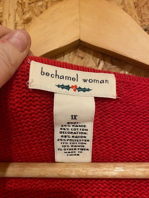 Bechamel Woman Red Christmas Snowman Cardigan 1X