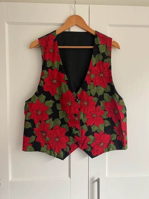Handmade Reversible-Style Christmas Poinsettia Waistcoat UK 14-16