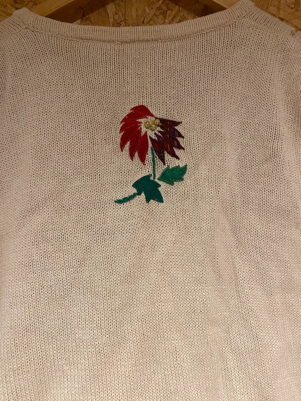 Bobbie Brooks Festive Embroidered Knit Vest Cream with Poinsettias