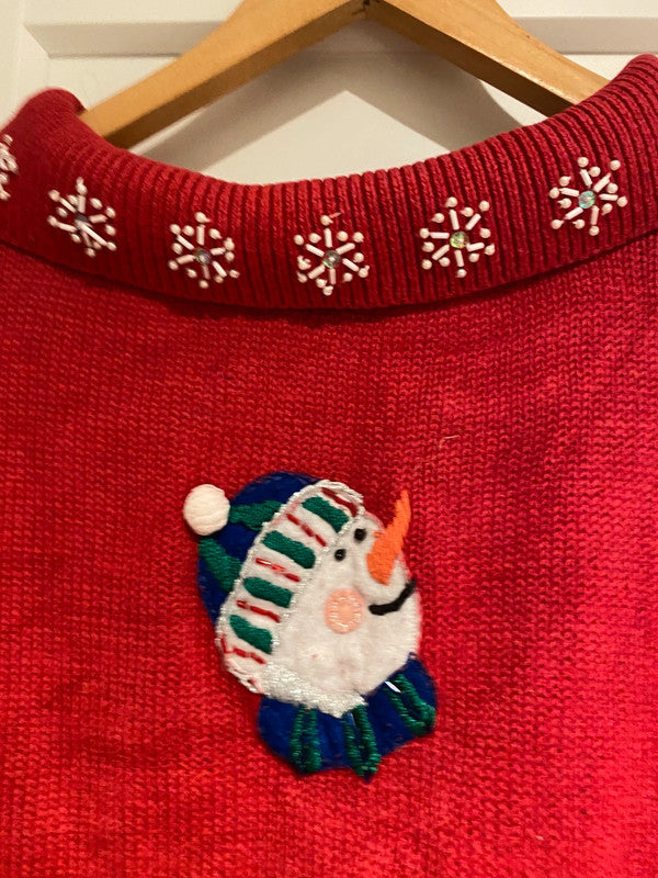 Carolina Colours Red Beaded Snowman Christmas Cardigan – XL