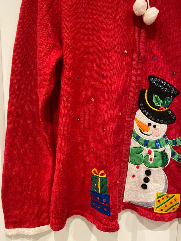 Tiara International Christmas Cardigan – Red Snowman Embroidered Sequin Sweater (Size L)