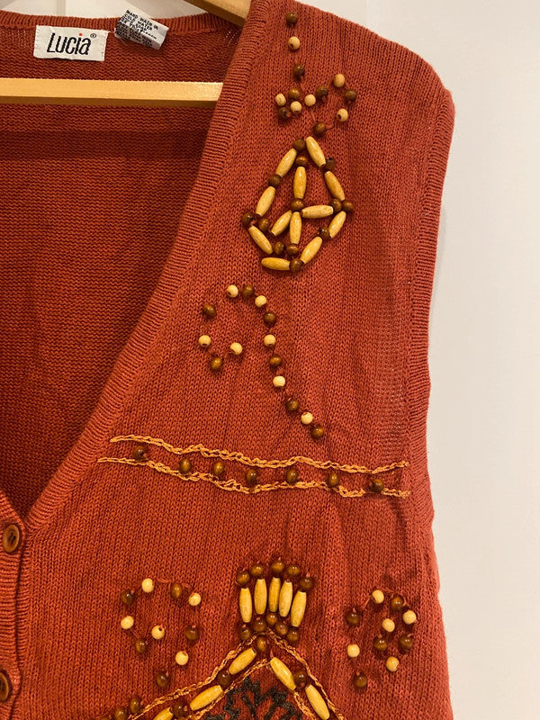 Vintage Lucia Boho Beaded Embroidered Vest Cardigan – Rust – Size L