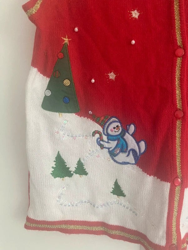 Vintage Christmas Jumper Waistcoat Cardigan Red Snowman Tree L/XL UK 16