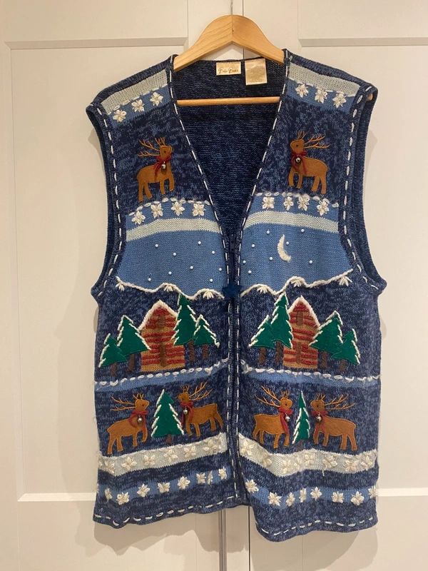 Bobbie Brooks Christmas knit vest reindeer cabin scene zip front XL 16-18