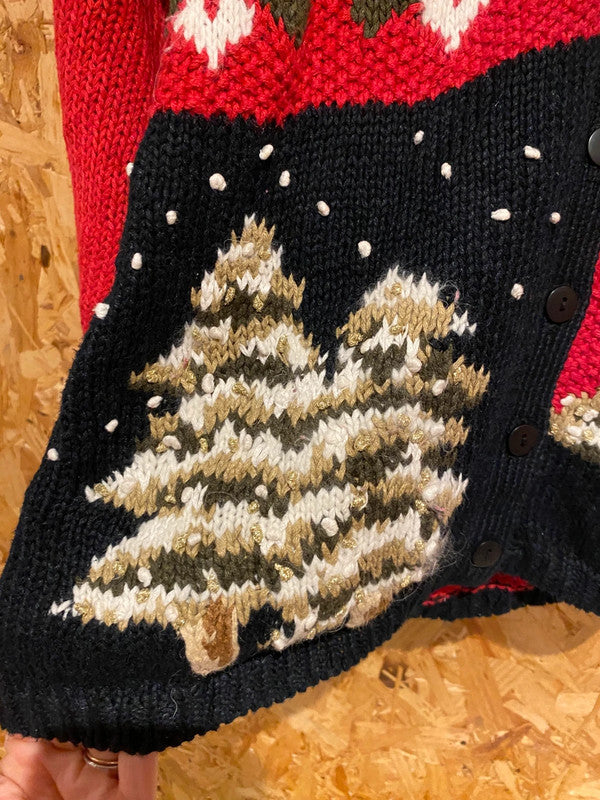 Vintage Casual Corner Christmas Cardigan Sweater – Cottage & Tree Design – Size L