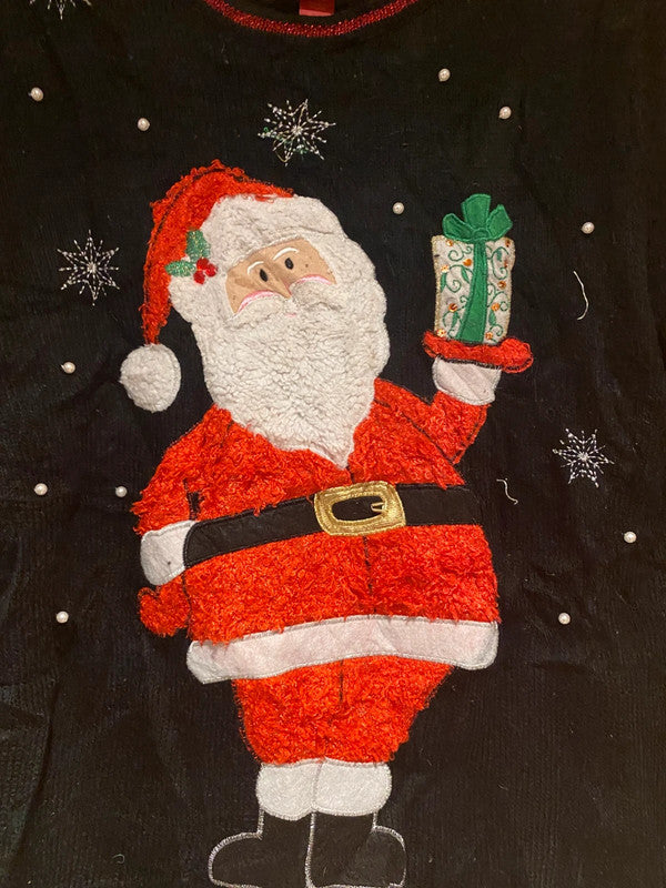 Women’s Santa Christmas Jumper – Black with 3D Appliqué – Size M