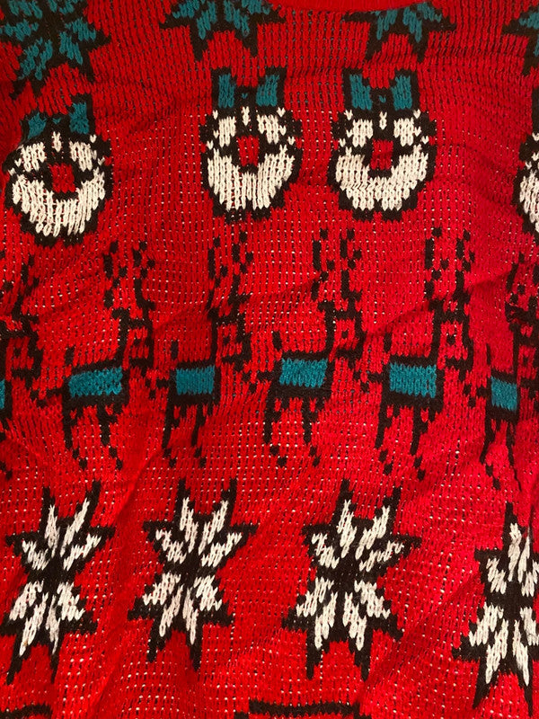 Vintage Croquet Club Red Christmas Sweater – Santa & Reindeer Knit – Size S