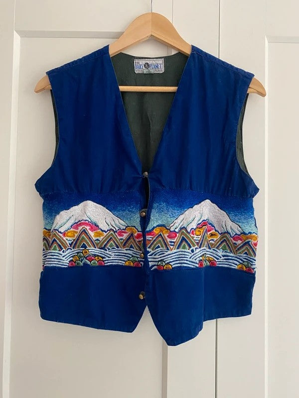 Vintage The Daily Planet Embroidered Mountain Waistcoat Gilet Blue Boho Festival