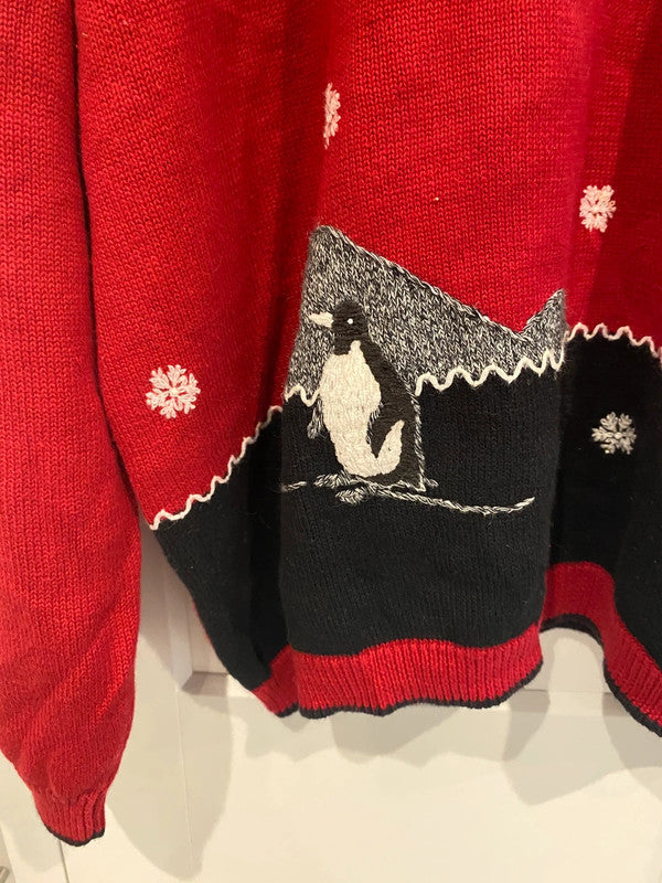 Women’s XXL Christmas Jumper – Red with Penguin & Snowflakes