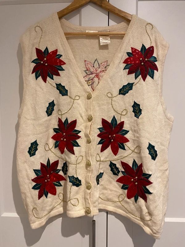 Vintage Bobbie Brooks Christmas Poinsettia Knit Vest 2X 22/24