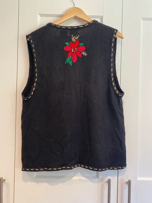 Vintage Bobbie Brooks Christmas Poinsettia Knit Vest Large 12/14 Holiday Sweater