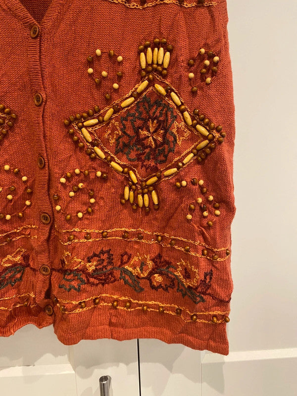 Vintage Lucia Boho Beaded Embroidered Vest Cardigan – Rust – Size L